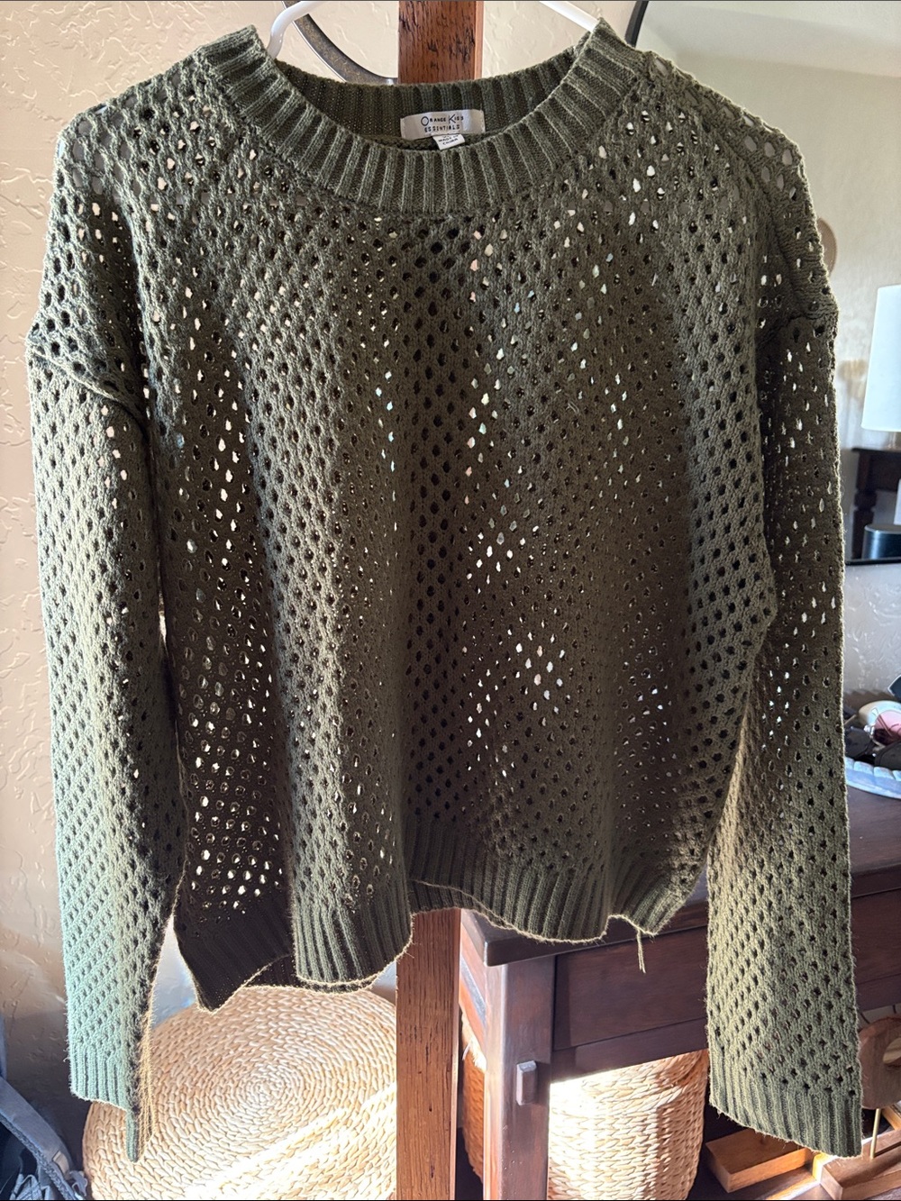 Open-Knit Olive Green Crewneck Sweater
